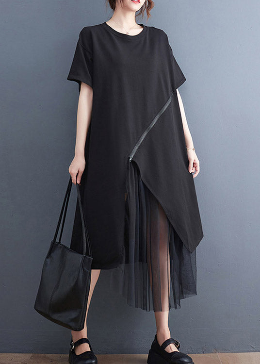Black O-neck Zippered Cozy Long Dress Short Sleeve