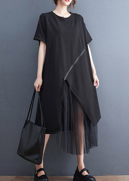Black O-neck Zippered Cozy Long Dress Short Sleeve