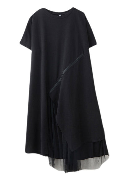 Black O-neck Zippered Cozy Long Dress Short Sleeve