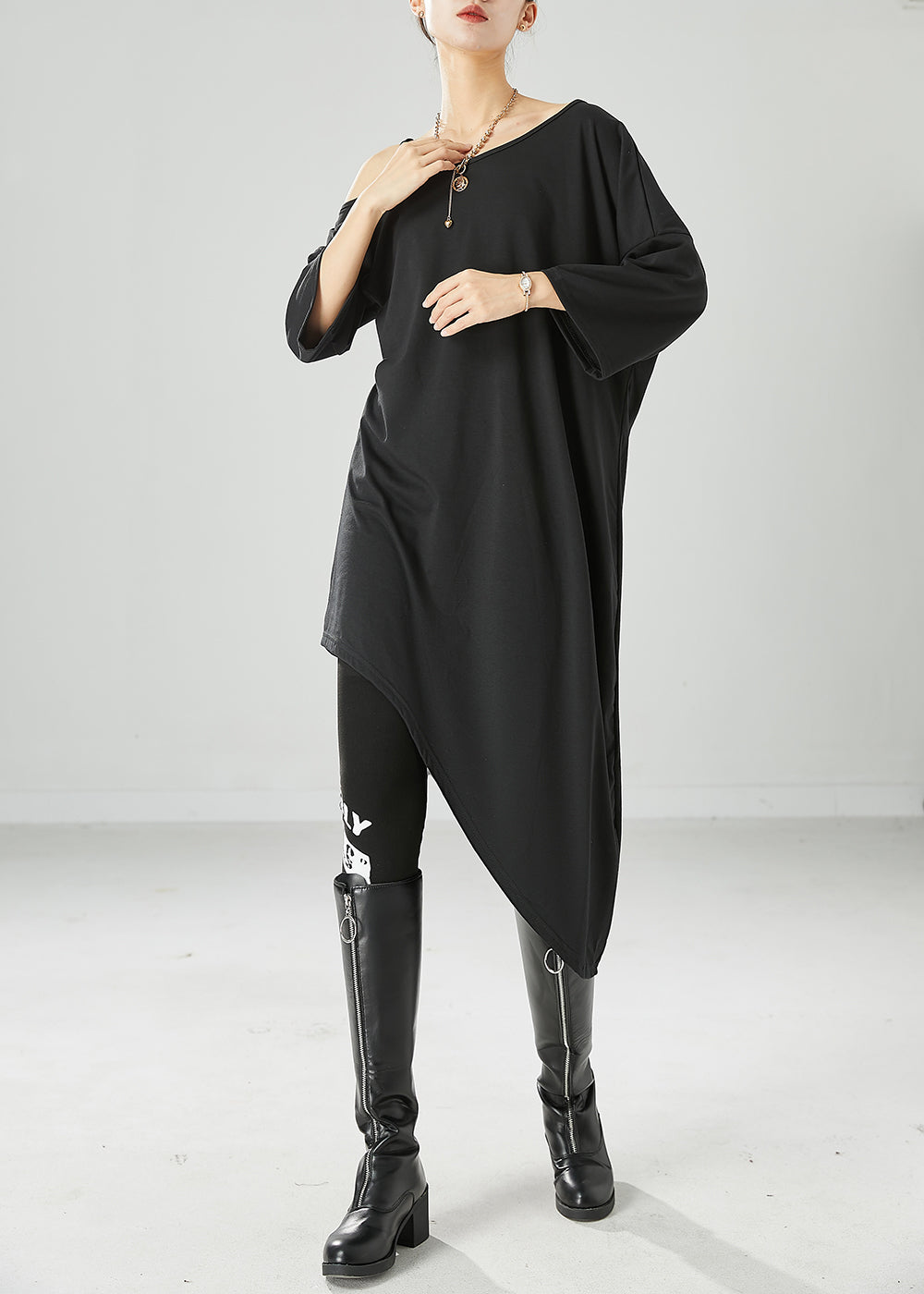 Black Off the Shoulder Cotton Maxi Dresses Asymmetrical Summer