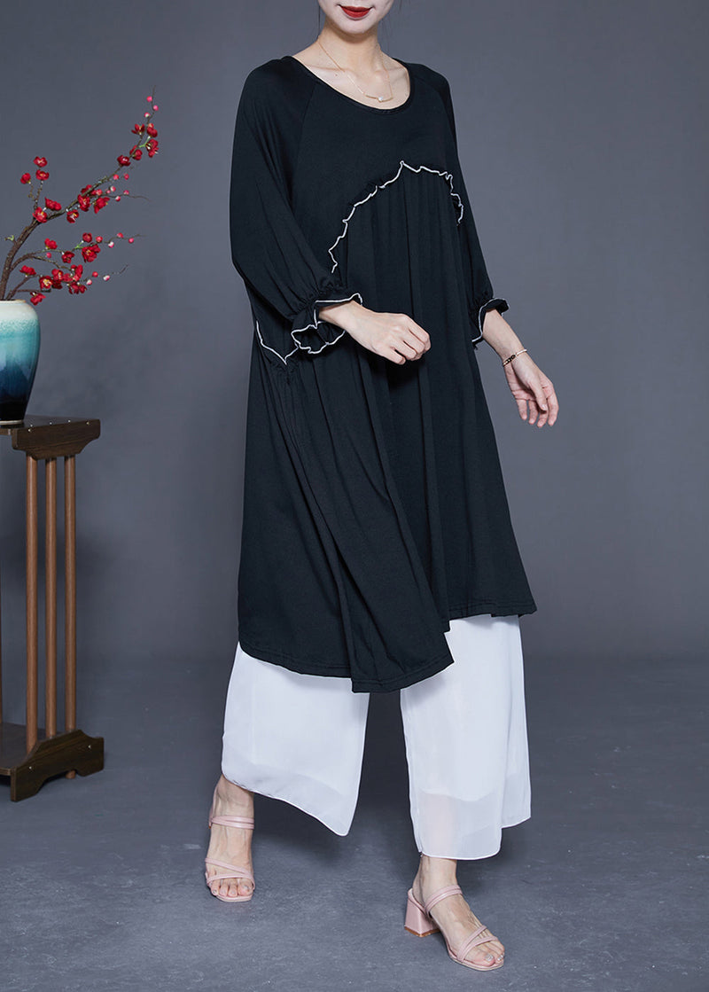 Black Oversized Cotton Long Dress O-neck Ruffled Summer
