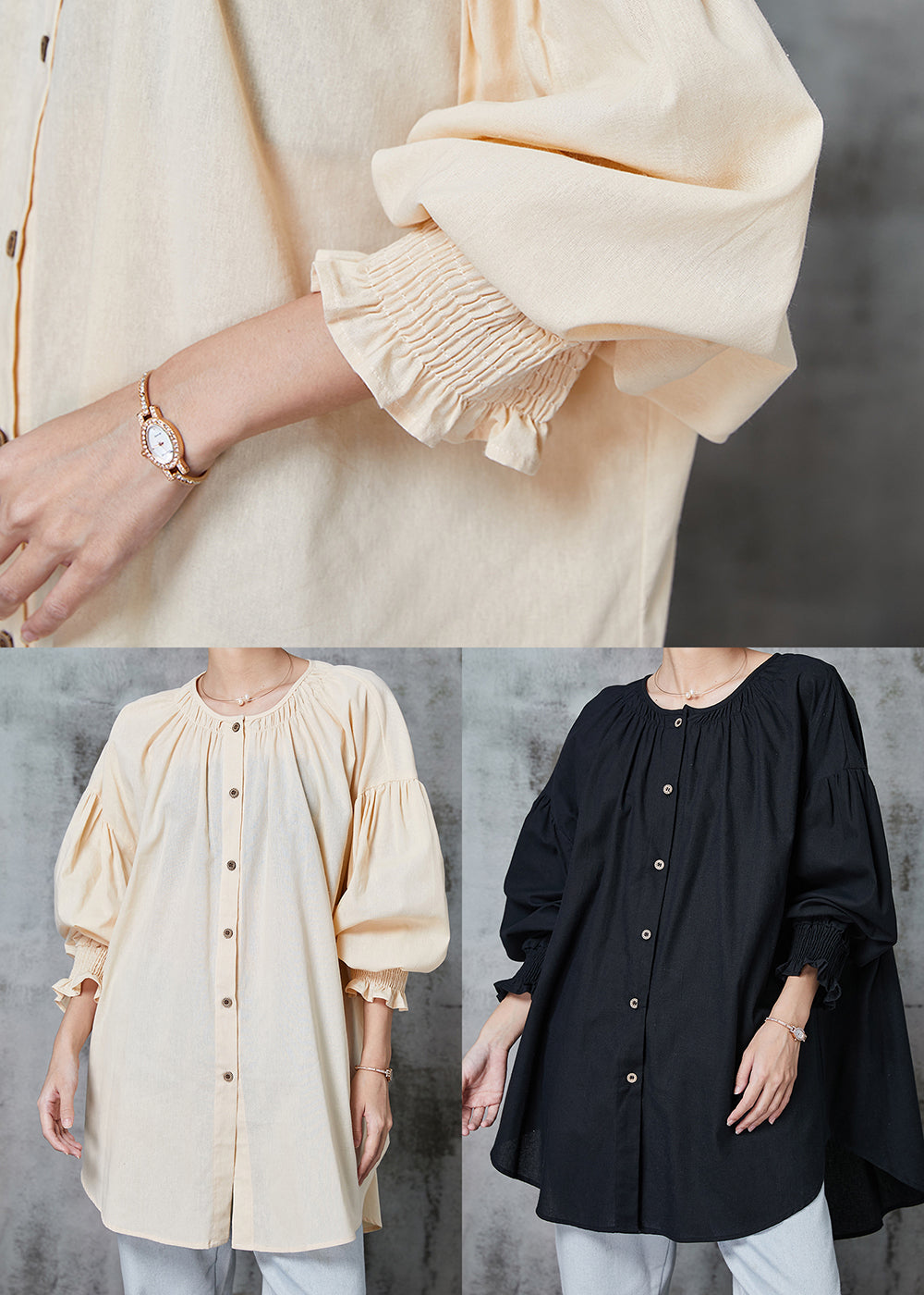 Black Oversized Cotton Shirts O-neck Lantern Sleeve