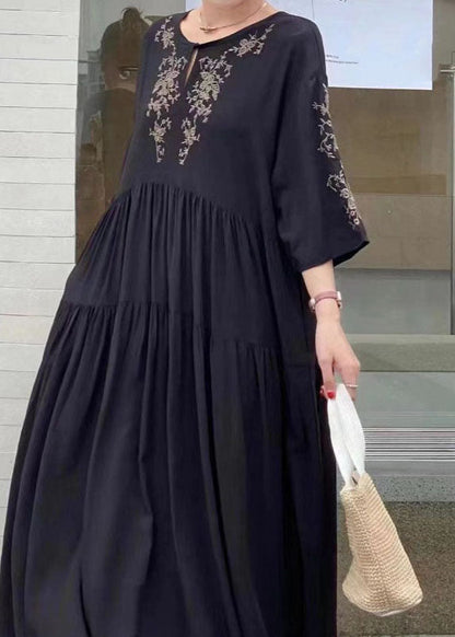 Black Patchwork Cotton Dress O Neck Wrinkled Summer
