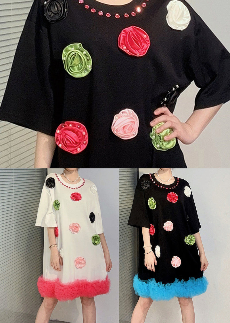 Black Patchwork Cotton T Shirts Dress Ruffled Summer