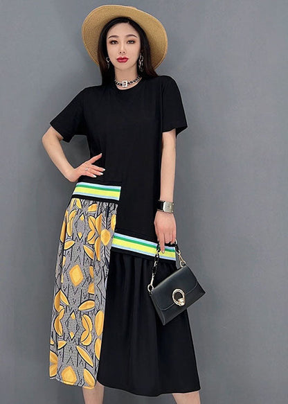 Black Patchwork Cotton Vacation Pleated Dresses O-neck Print Short Sleeve