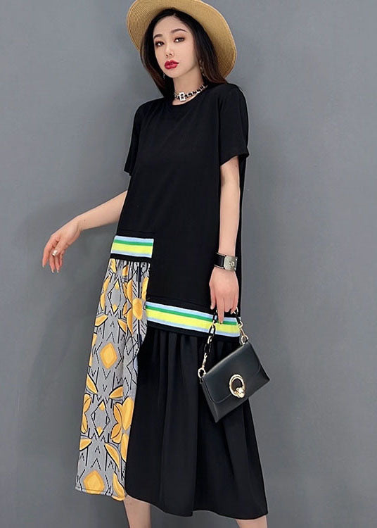 Black Patchwork Cotton Vacation Pleated Dresses O-neck Print Short Sleeve