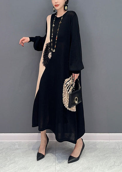 Black Patchwork Knit Long Dresses O-neck Ruffled Summer