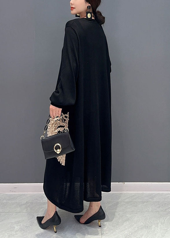 Black Patchwork Knit Long Dresses O-neck Ruffled Summer