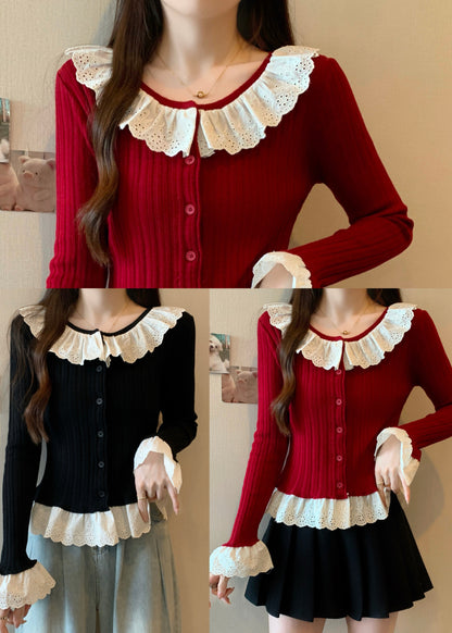 Black Patchwork Knit Sweaters Ruffled Flare Sleeve