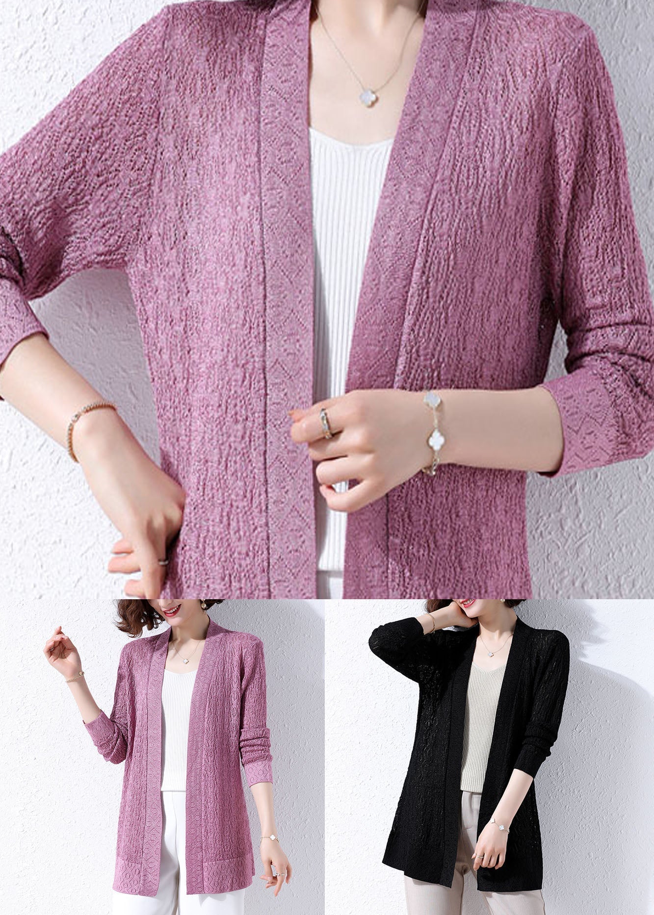 Black Patchwork Knit Cardigans Embroideried Hollow Out Fall