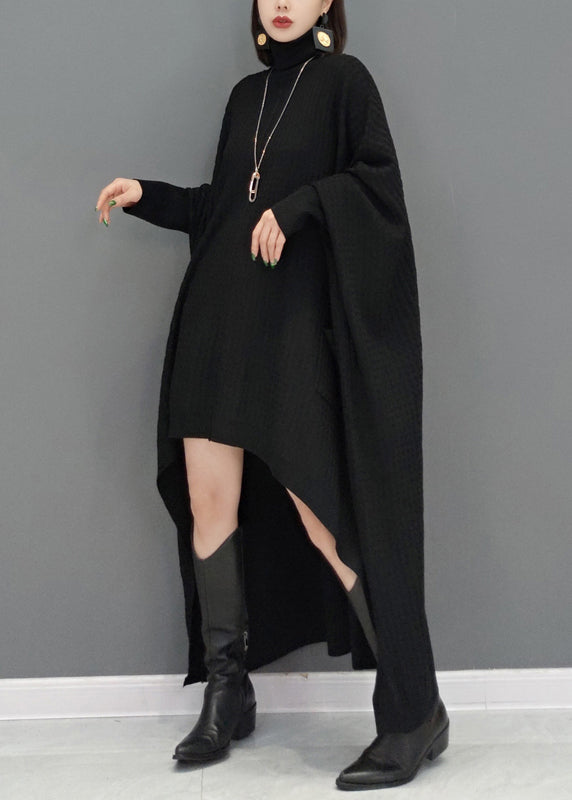 Black Patchwork Knit Sweater Dress Hign Neck Fall