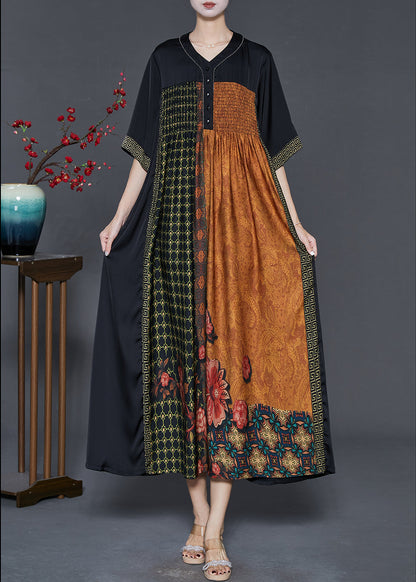 Black Patchwork Silk Maxi Dresses Oversized Print Summer