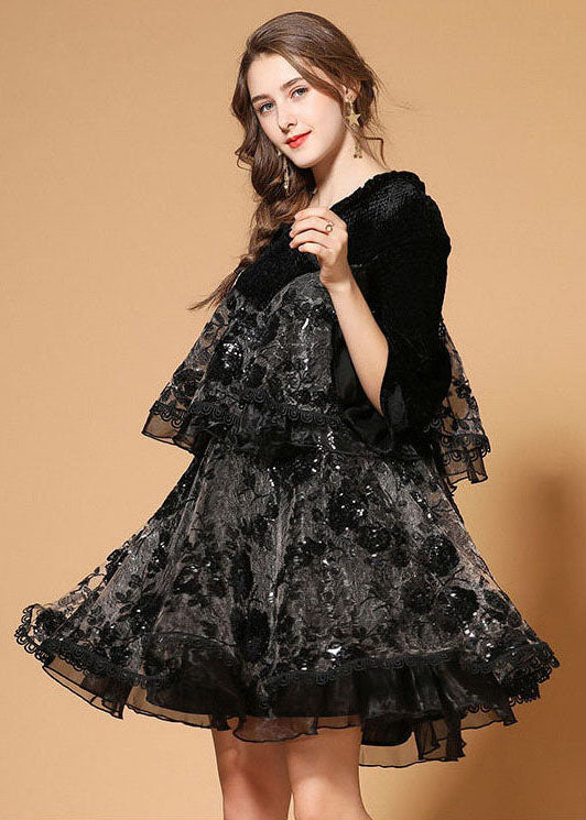 Black Patchwork Silk Velour Holiday Dress Sequins Nail Bead Half Sleeve