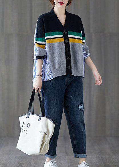 Black Patchwork Striped Button Asymmetrical Design Fall Knit Sweater