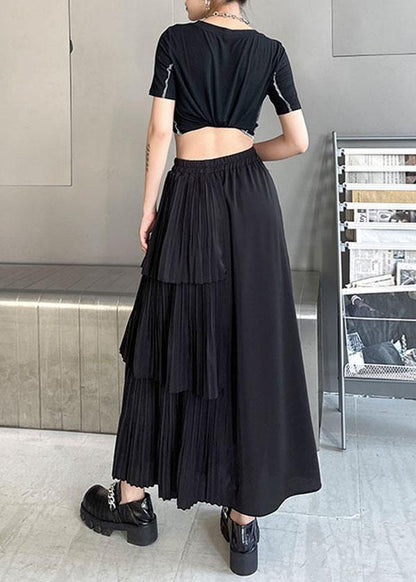 Black Patchwork Summer Skirt Chiffon Elastic Skirt