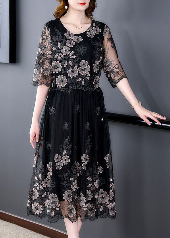 Black Patchwork Tulle Holiday Dress O-neck Embroideried Half Sleeve