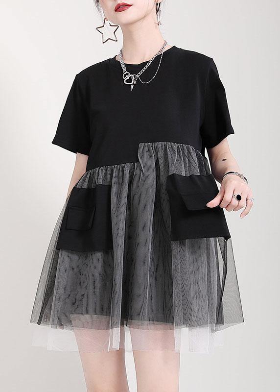 Black Patchwork Tulle Pockets Summer Holiday Dress Short Sleeve
