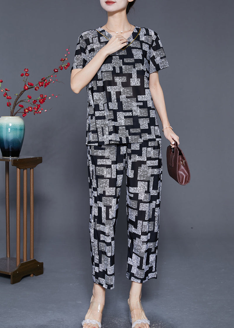 Black Plaid Chiffon Two Piece Suit Set V Neck Summer