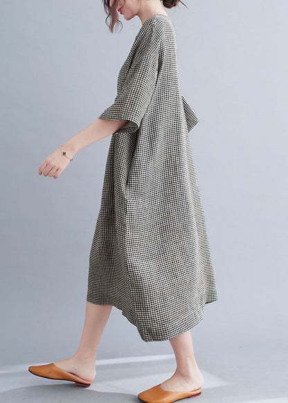 Black Plaid Cotton Holiday Dress O-neck Short Sleeve