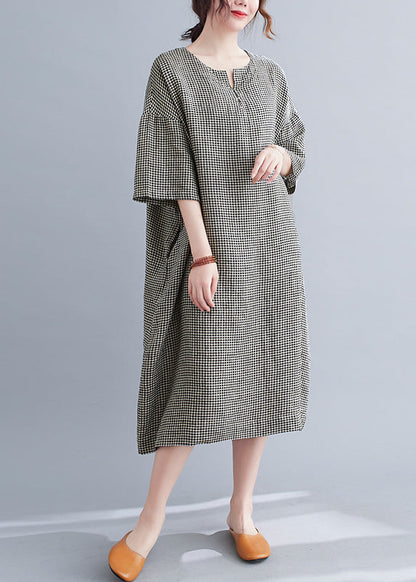 Black Plaid Linen Maxi Dress Oversized O-neck Summer