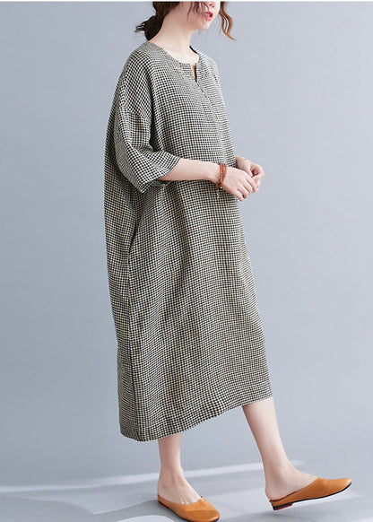 Black Plaid Linen Maxi Dress Oversized O-neck Summer