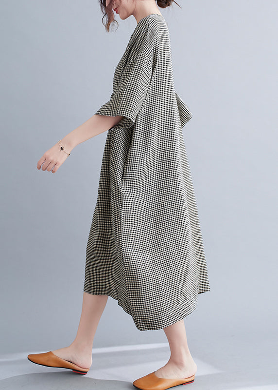 Black Plaid Linen Maxi Dress Oversized O-neck Summer