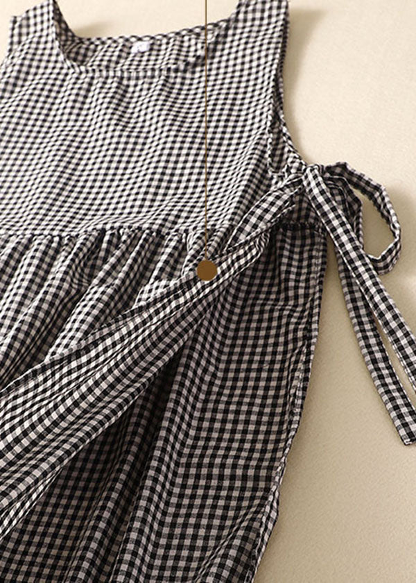 Black Plaid Linen Party Dress O-neck Lace Up Wrinkled Sleeveless