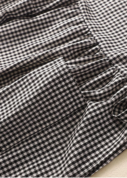 Black Plaid Linen Party Dress O-neck Lace Up Wrinkled Sleeveless