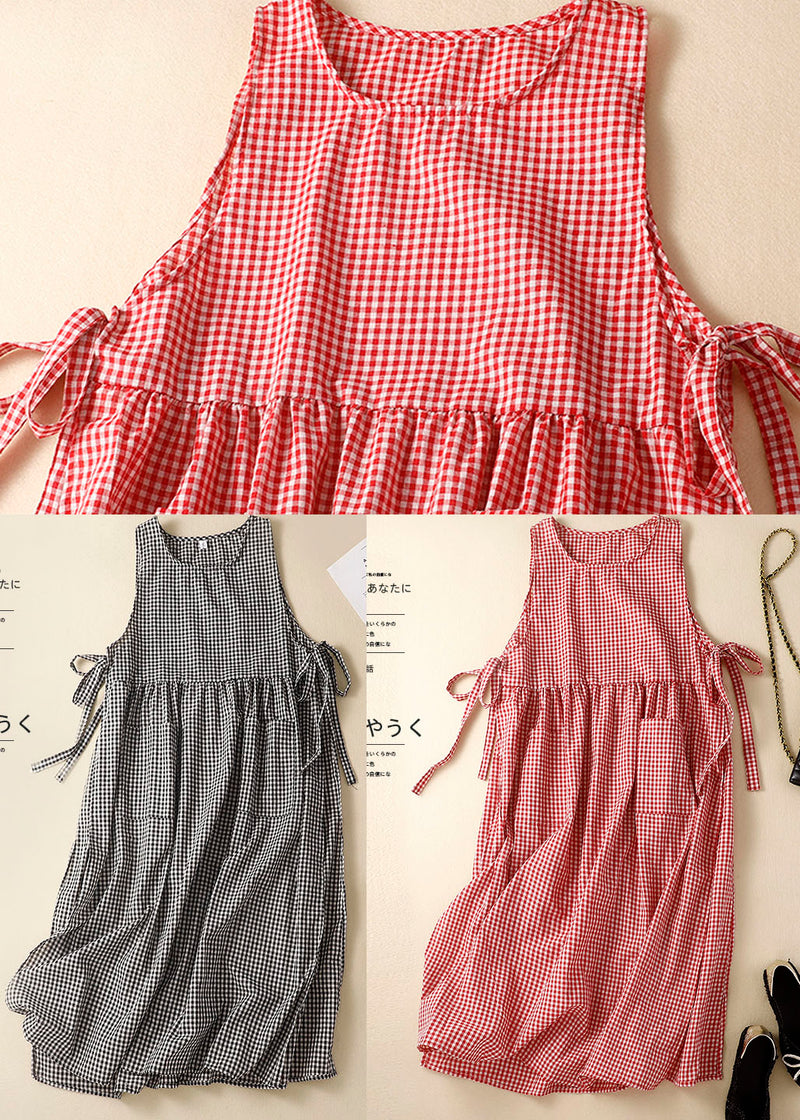 Black Plaid Linen Party Dress O-neck Lace Up Wrinkled Sleeveless