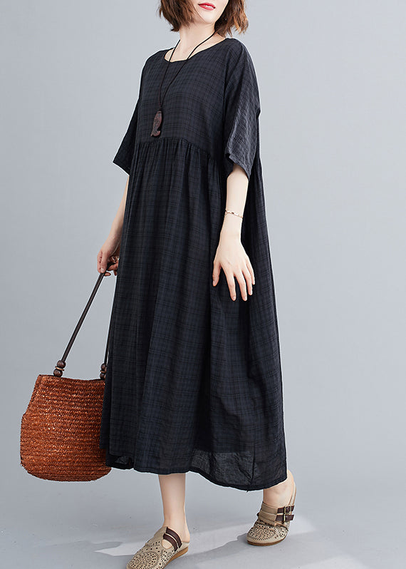 Black Plaid Loose Linen Dress Wrinkled Short Sleeve