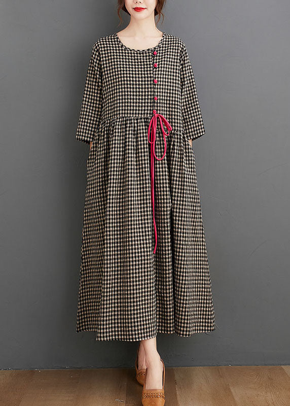 Black Plaid Pockets Linen Vacation Dresses Wrinkled Three Quarter Sleeve