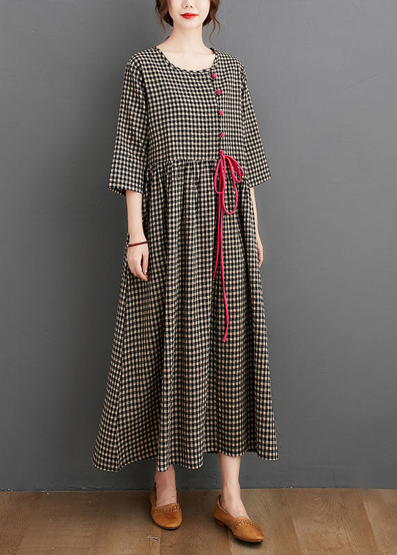 Black Plaid Pockets Linen Vacation Dresses Wrinkled Three Quarter Sleeve