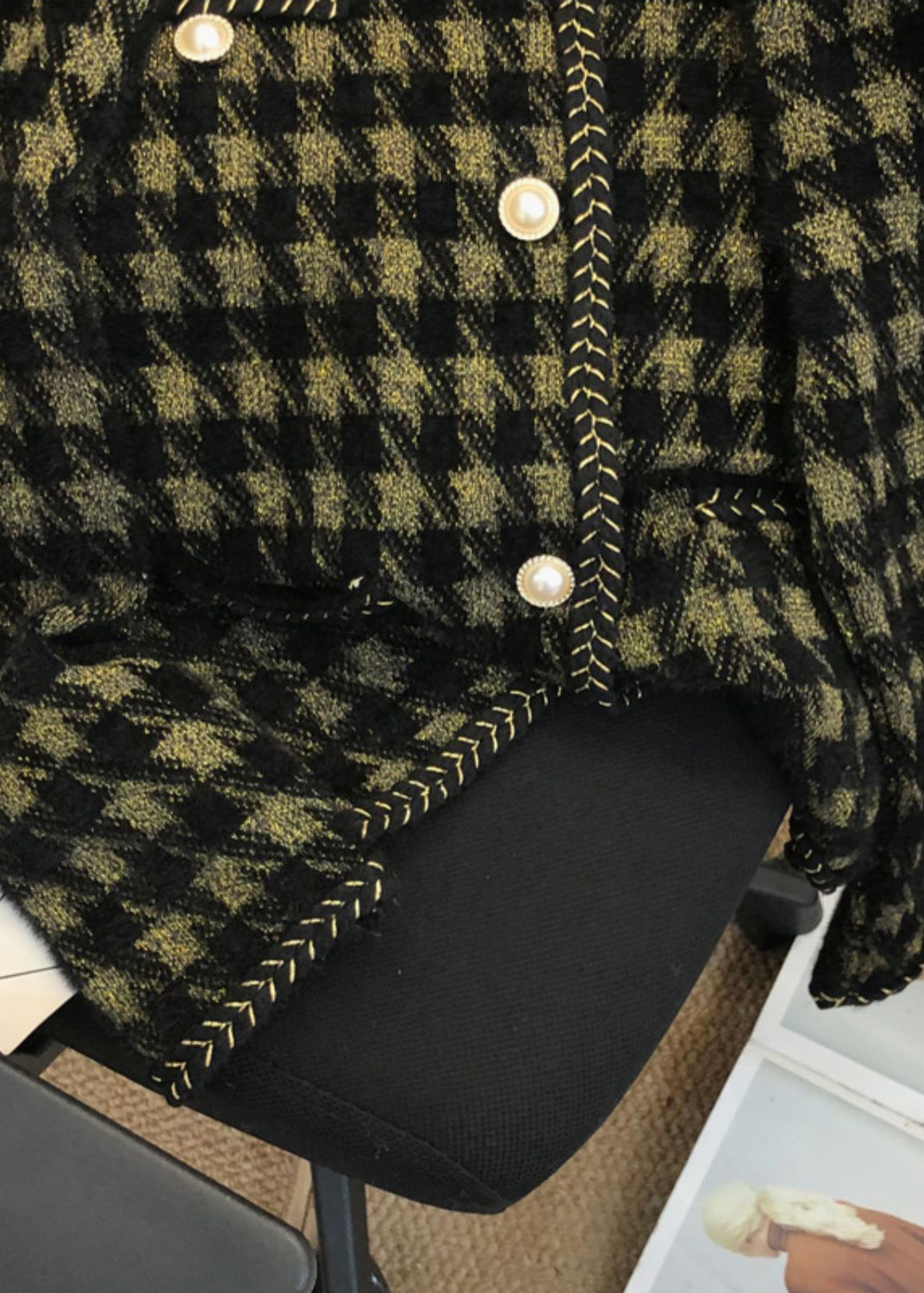 Black Plaid Pockets Patchwork Mink Hair Knitted Coat Fall
