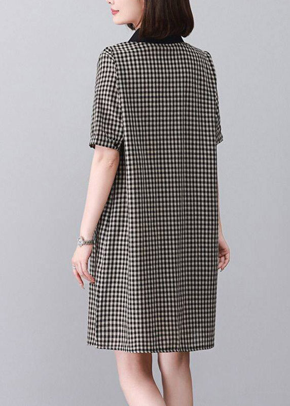 Black Plaid Side Open Mid Dresses Short Sleeve