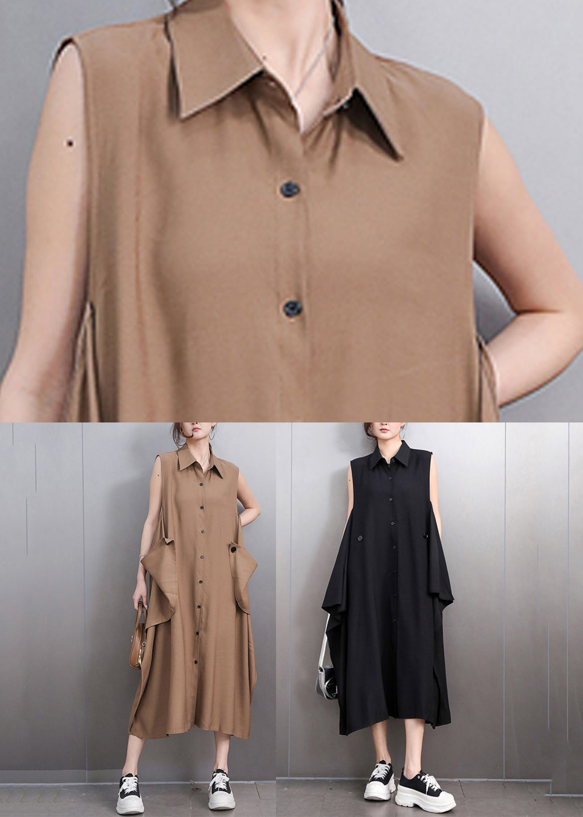 Black Pockets Button Maxi Dresses Summer