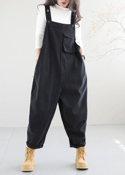 Black Pockets Patchwork Cotton Jumpsuit Button Spring