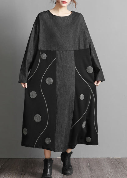 Black Pockets Patchwork Denim Maxi Dresses Embroideried Spring