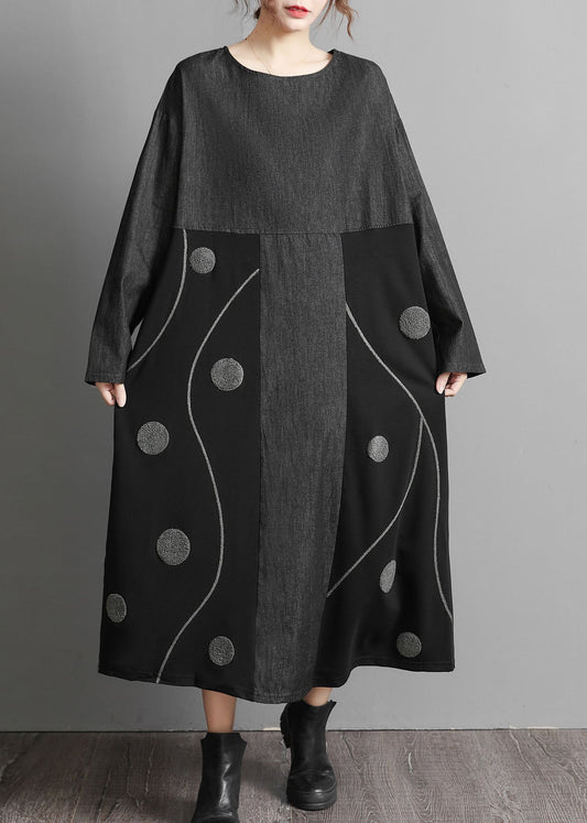 Black Pockets Patchwork Denim Maxi Dresses Embroideried Spring