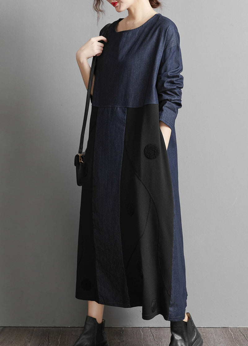 Black Pockets Patchwork Denim Maxi Dresses Embroideried Spring