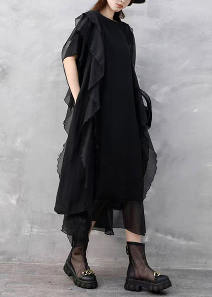 Black Pockets Chiffon Summer Dresses O Neck