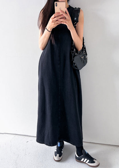 Black Pockets Long Dress O Neck Denim Summer