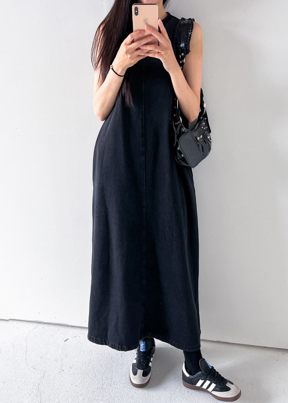 Black Pockets Long Dress O Neck Denim Summer
