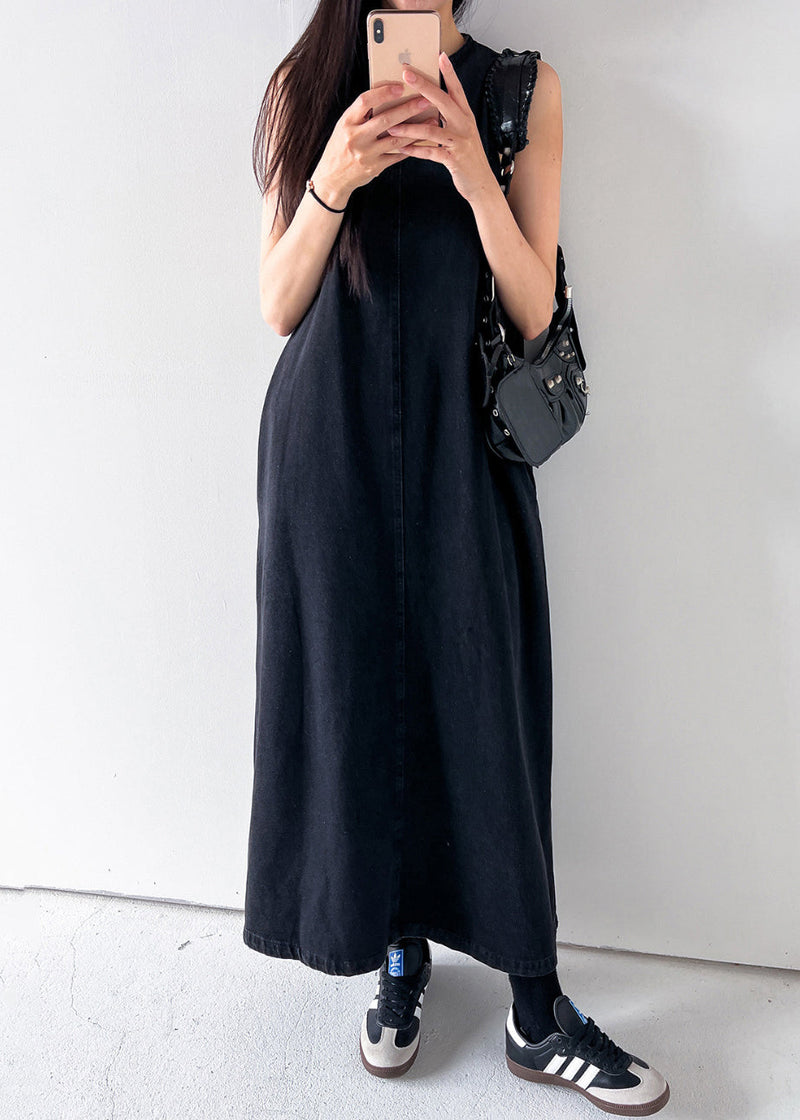 Black Pockets Long Dress O Neck Denim Summer