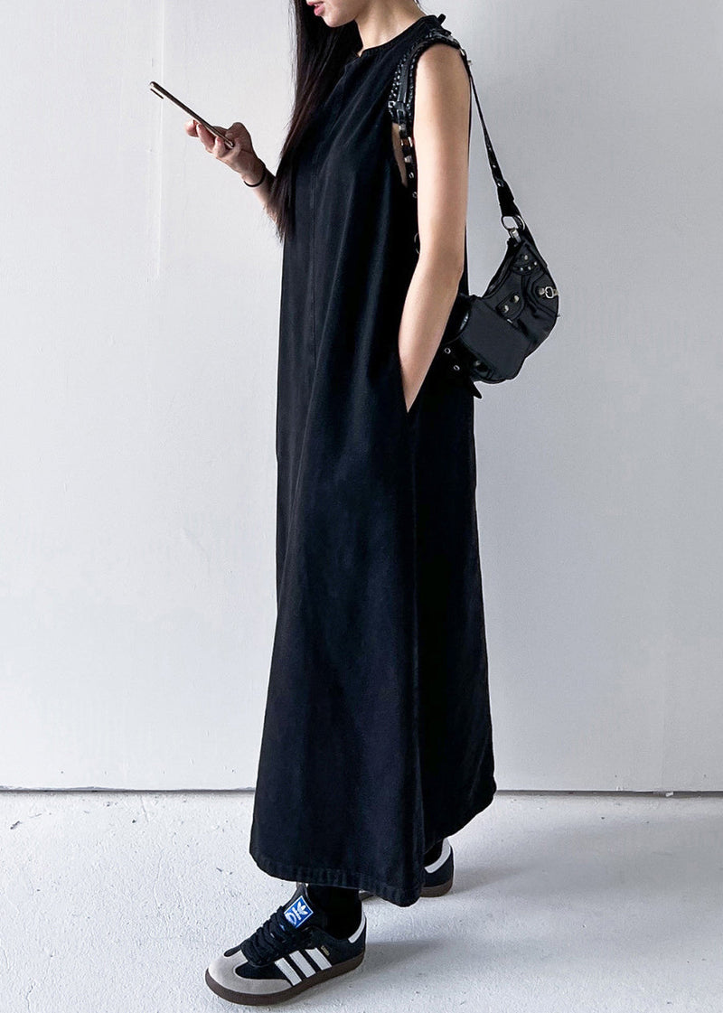 Black Pockets Long Dress O Neck Denim Summer