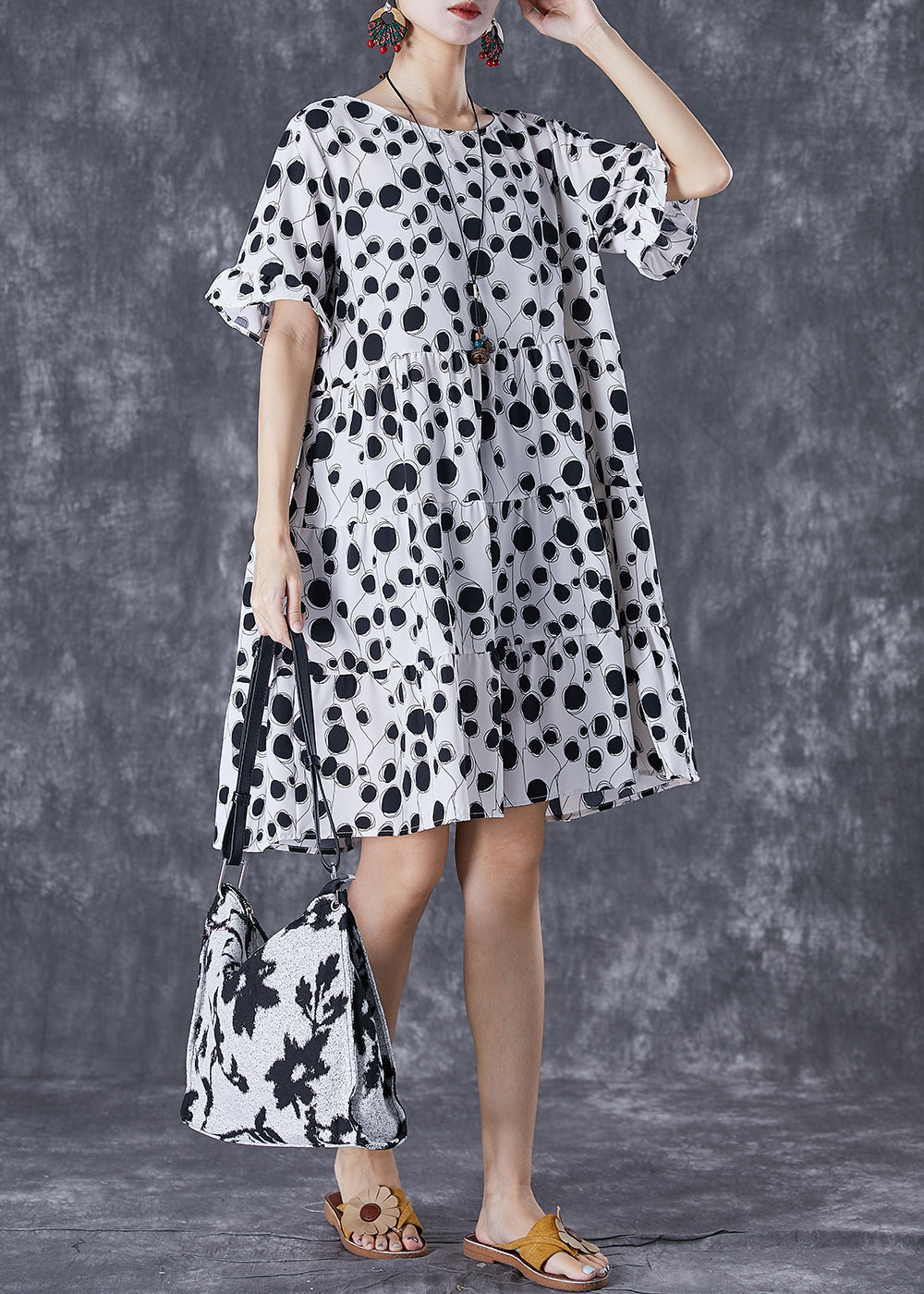 Black Print Chiffon Holiday Dresses O-neck Short Sleeve