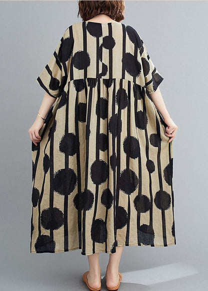 Black Print Cotton Long Dress O-neck Exra Large Hem Summer