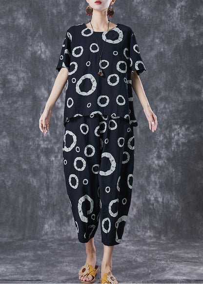 Black Print Cotton Tops and Pants Two Pieces Set Oversized Summer