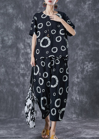 Black Print Cotton Tops and Pants Two Pieces Set Oversized Summer