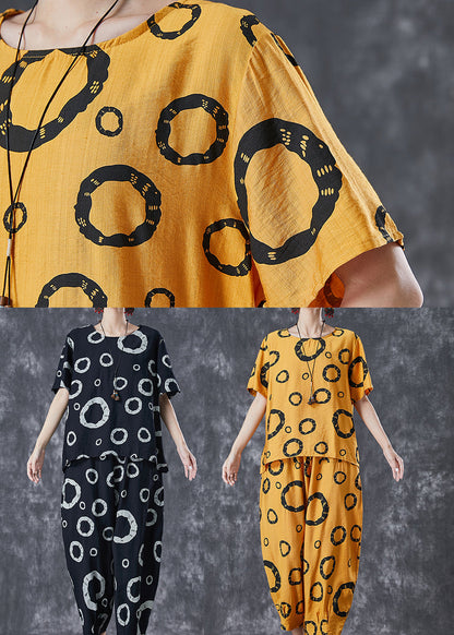 Black Print Cotton Tops and Pants Two Pieces Set Oversized Summer