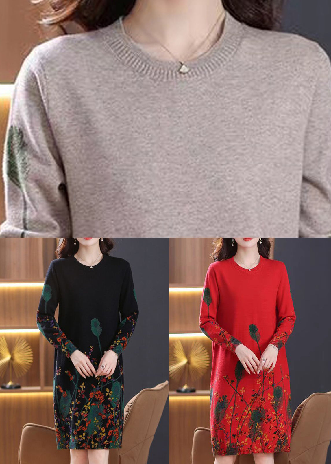 Black Print Cozy Knit Mid Dress O Neck Long Sleeve
